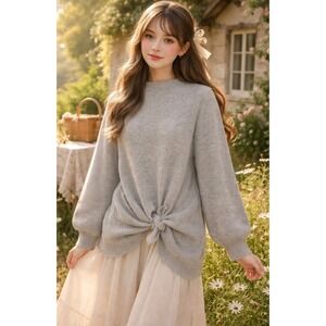 GUDRUN SJODEN Mock Neck Shaker Knit Sweater Heathered Gray Wool Yak Large